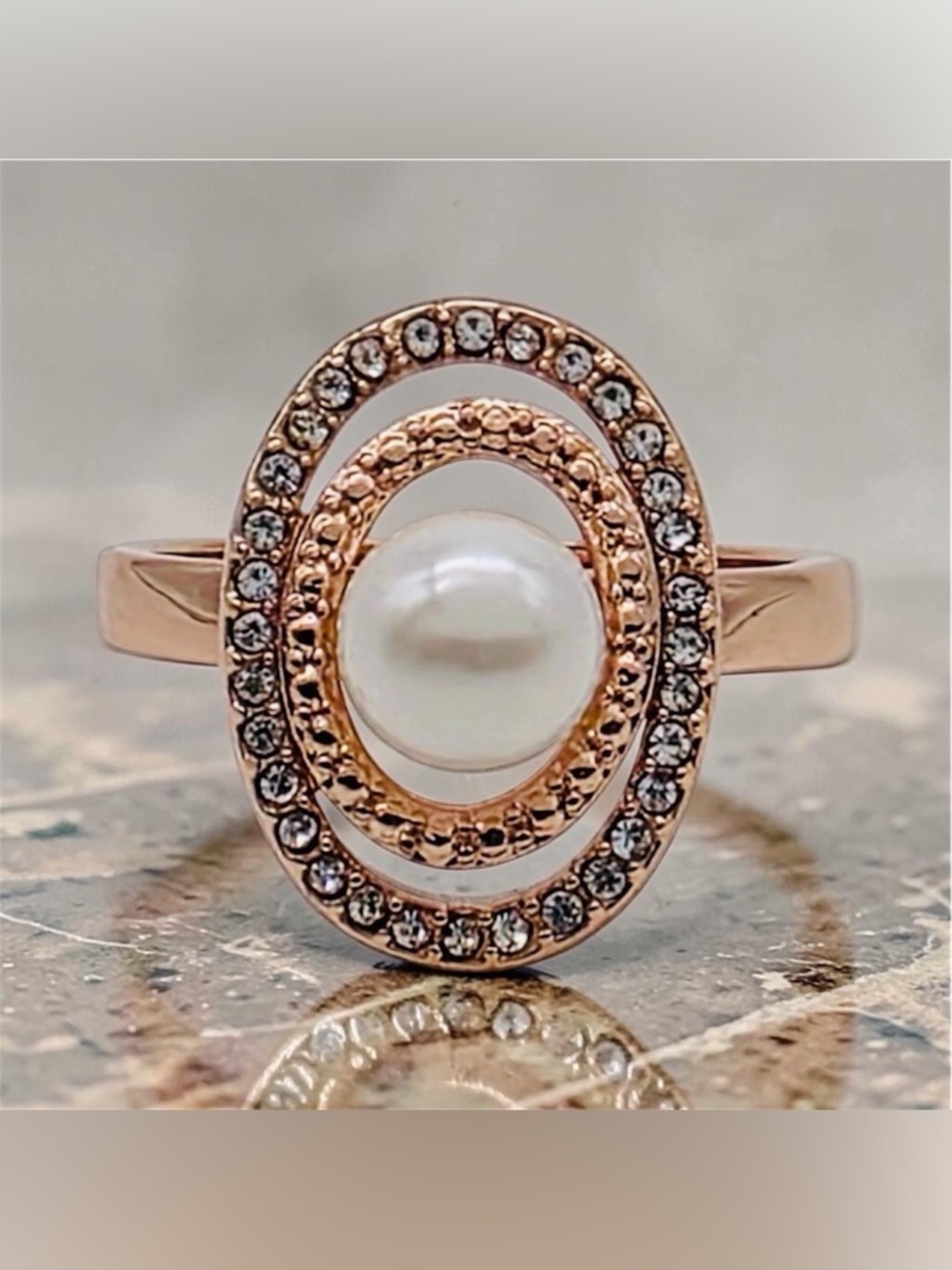 Rose Gold Faux Pearl Halo Ring Double Pavé CZ Circle Elegant Luxe Size 7